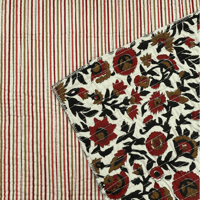 Reversible Quilted Cotton Fabrics Red Cream Floral Stripes