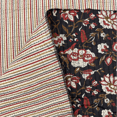 Reversible Quilted Cotton Fabrics Red White and Brown Floral Stripes