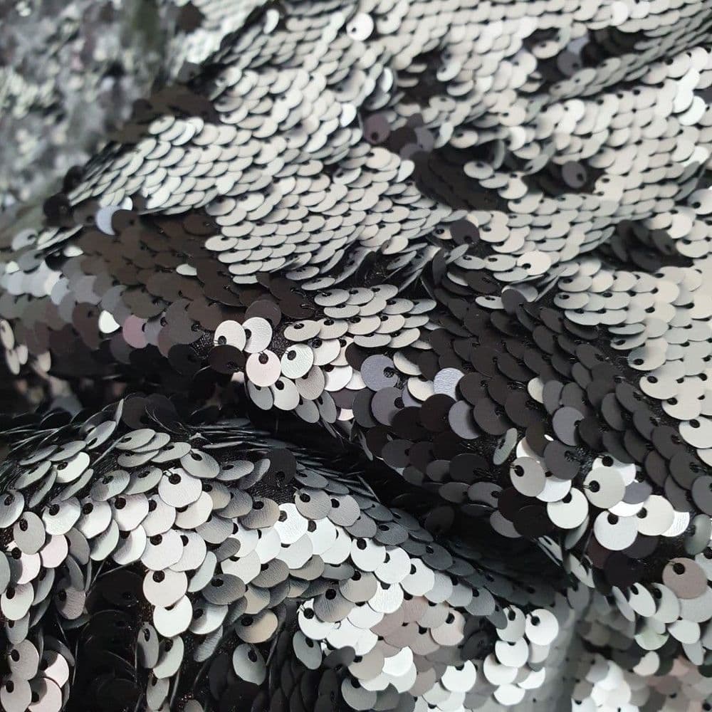 Satin Sequin Dress Fabric Double Sided - Matt Silver Black Satin Sequin Dress Fabric Double Sided - Matt Silver Black