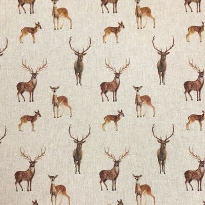 Stags & Deer - Cotton Curtain and Soft Furnishings Fabric - Natural