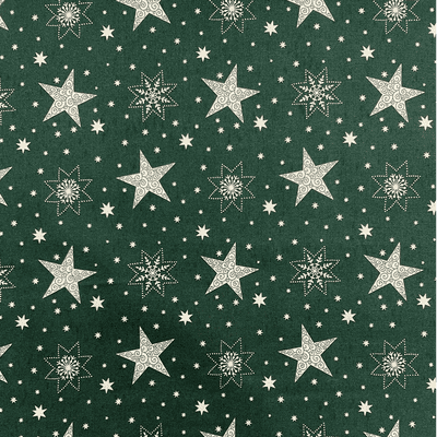 Stars and Snowflakes on Green Christmas Fabric - 100% Cotton