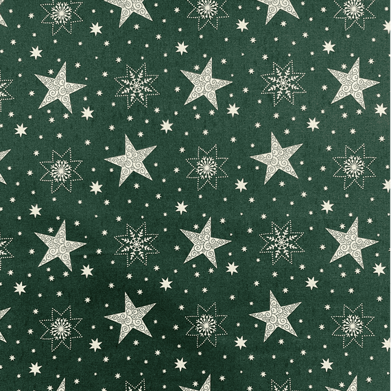 Stars and Snowflakes on Green Christmas Fabric - 100% Cotton