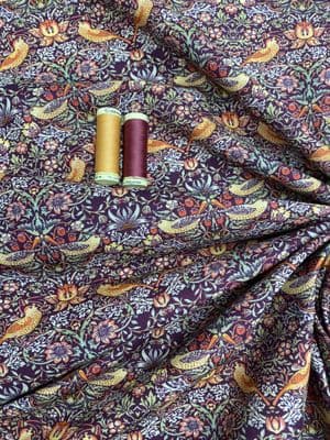 STRAWBERRY THIEF BORDEAUX - Orange Birds on Bordeaux Cotton Quilting Dressmaking Fabric