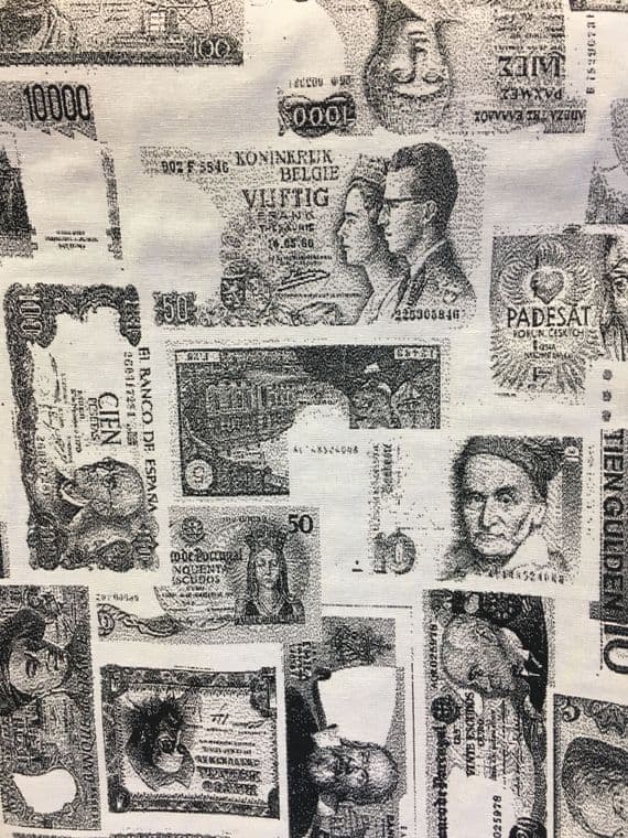 Tapestry Fabric - Curtains Upholstery Cotton Mix - Banknote Bills Black White