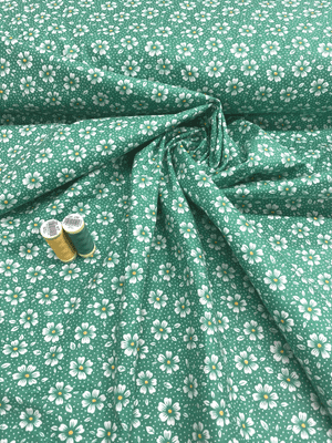 TAZETTA White & Yellow Flowers on Green VINTAGE Cotton