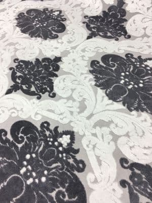 Velvet Upholstery Fabric - Ornate White and Grey on Silver