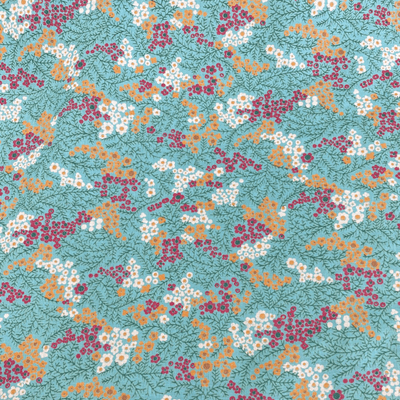 VINTAGE COTTON:  Blossom Retro Flower Print on Teal
