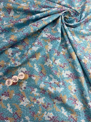 VINTAGE COTTON:  Blossom Retro Flower Print on Teal
