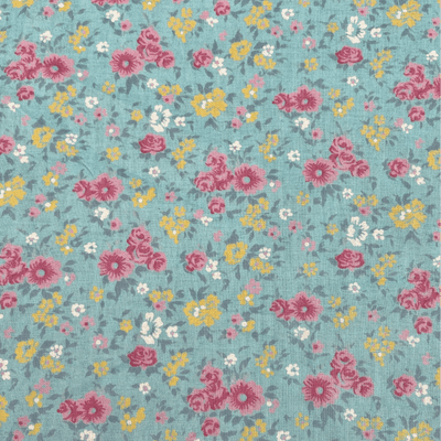 VINTAGE COTTON: Pink & Yellow Flowers on Turquoise
