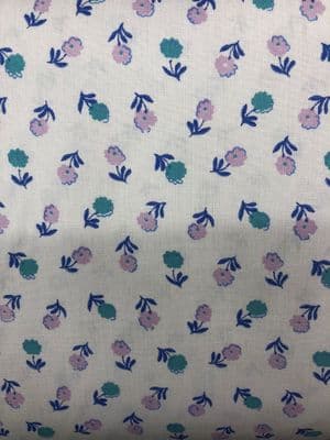 VINTAGE COTTON: Turquoise & Lilac Flowers on White