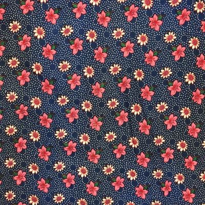 VINTAGE COTTONS: Pink and Cream Ditsy Flowers on Blue Spotted Background