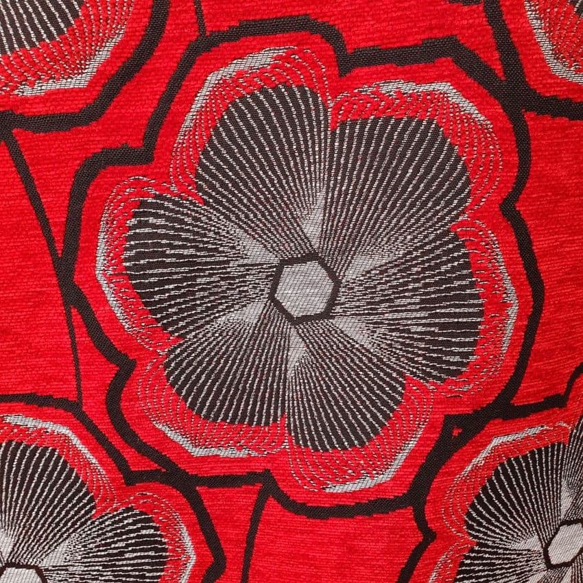 Vintage Retro Upholstery Fabric Grey Flowers On Red