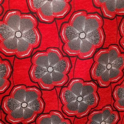 Vintage Retro Upholstery Fabric - Grey Flowers On Red