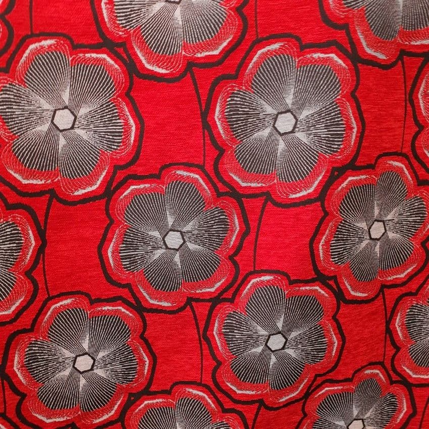 Vintage Retro Upholstery Fabric Grey Flowers On Red