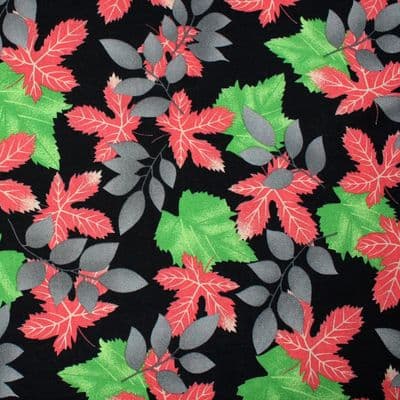 Viscose Dress Fabric  - Autumn Leaves - Bright Green on Black