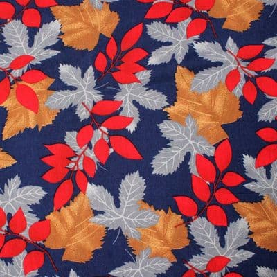 Viscose Dress Fabric  - Autumn Leaves - Silver on Blue