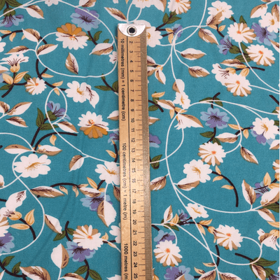 Viscose Dress Fabric - Delicate White & Lilac Flowers on Turquoise