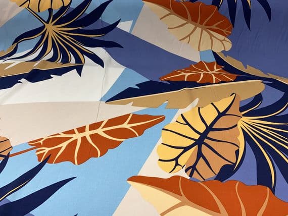 Viscose Dress Fabric - Geometric with Leaves in Blue and Orange