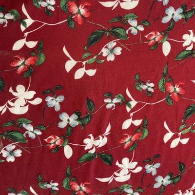 Viscose Dress Fabric - Multi-coloured Flowers on Burgundy Red