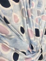 Viscose Dress Fabric -  Navy & Pink Circles on Sky Blue