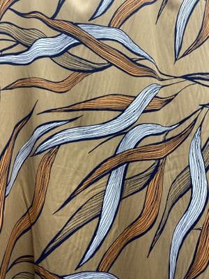 Viscose Dress Fabric - Orange, Cream & Natural Leaves on Tan