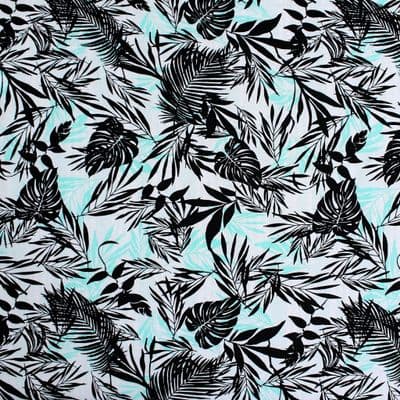Viscose Dress Fabric  - Palm Leaves - Black Green on White