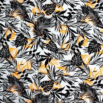 Viscose Dress Fabric  - Palm Leaves - Black Orange on White
