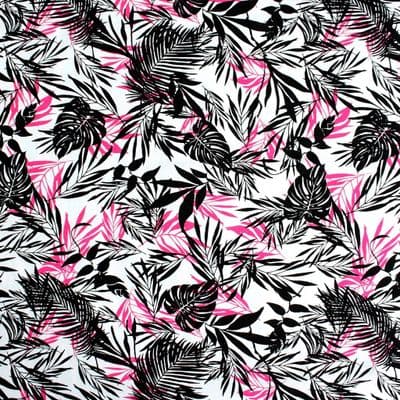 Viscose Dress Fabric  - Palm Leaves - Black Pink on White