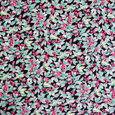 Viscose Dress Fabric - Pink Berries on Black