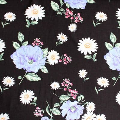 Viscose Dress Fabric - Purple Blue Flowers Daisies on Black
