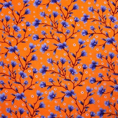 Viscose Dress Fabric  - Purple Flowers on Vibrant Orange