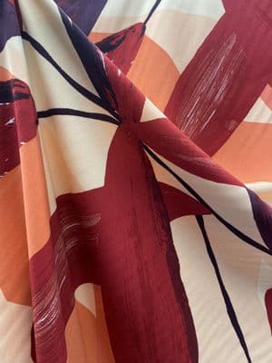 Viscose Dress Fabric - Red Leaves on Coral & Beige