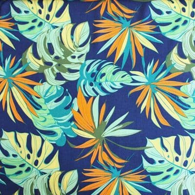 Viscose Dress Fabric  - Tropical Palm Leaves on Blue