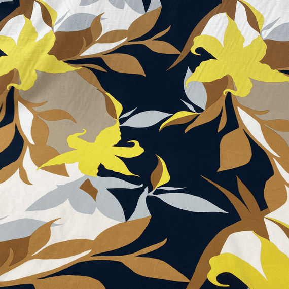 Viscose Dress Fabric - Yellow & Grey Silhouette Flowers on Beige and Black
