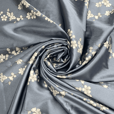 WHITE BLOSSOMS ON WINTER BLUE: Satin Dressmaking Polyester Fabric