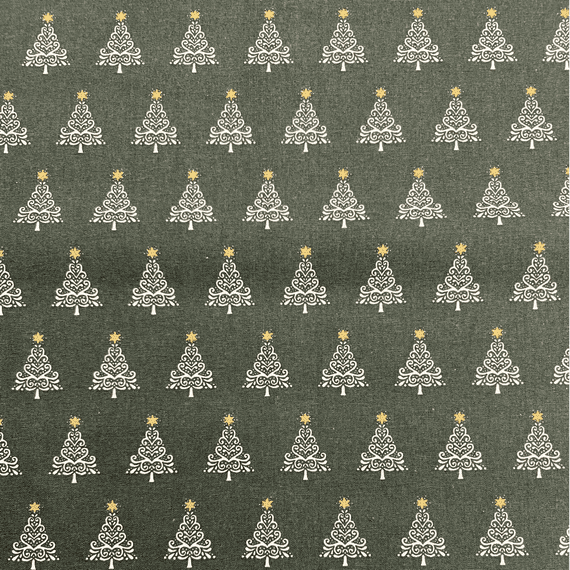 White Christmas Trees on Green  - 100% Cotton Printed Fabric
