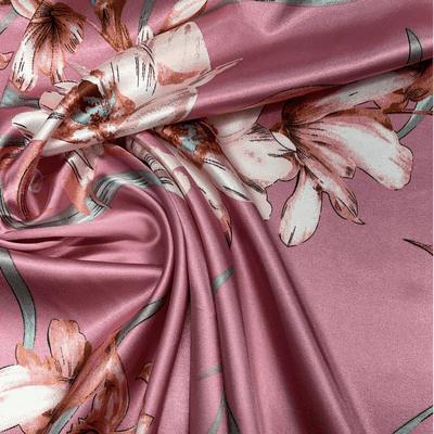 WHITE ORCHID ON PINK : Satin Dressmaking Polyester Fabric