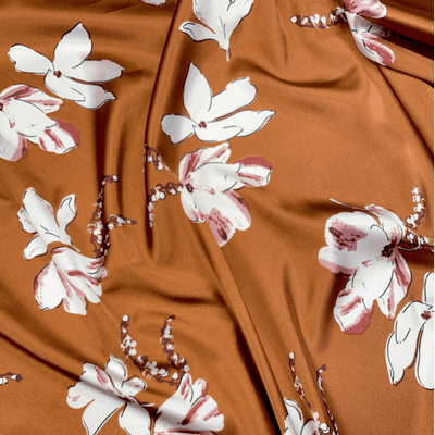 WHITE PEONY ON BRONZE : Satin Dressmaking Polyester Fabric