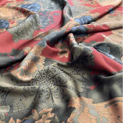 Wine Red Satin Dressmaking Fabric - Blue Green Roses, Tan & Green Mandala