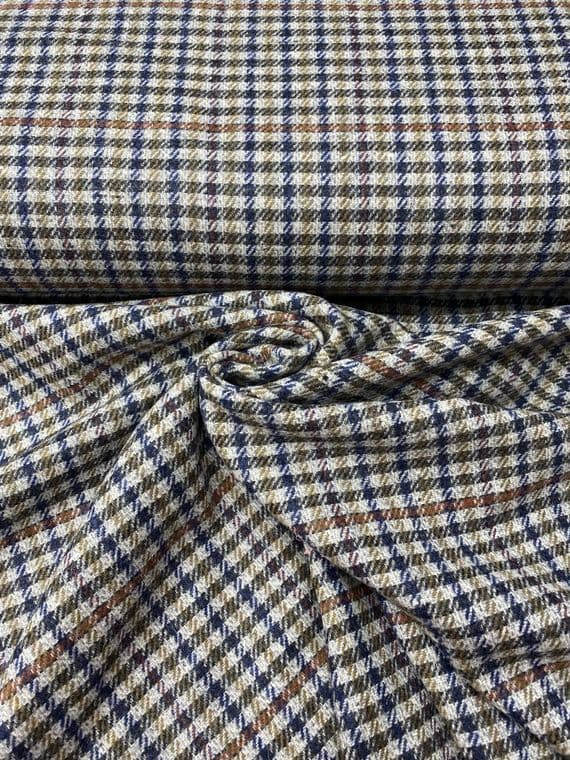 Wool Dogtooth Check Fabric - Blue, Green, Tans on Beige