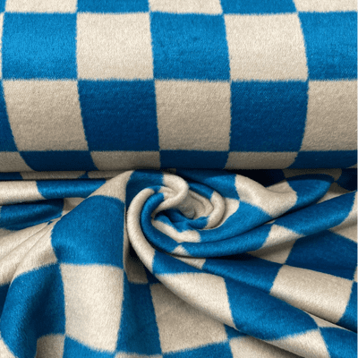 Wool Mix Dress Fabric - Blue & Cream Checkered