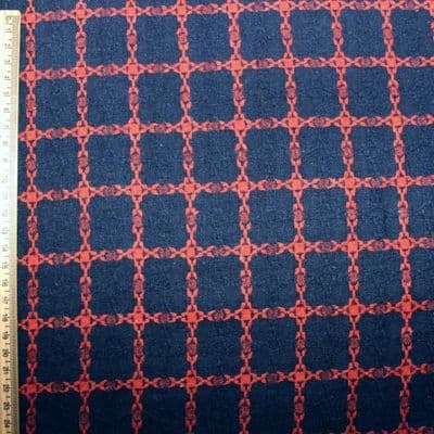 Wool Mix Dress Fabric - Small Orange on Blue Check