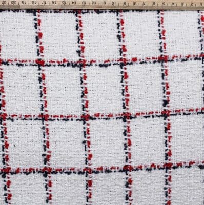 Wool Mix Dress Fabric  - White with Black and Red Brick Check