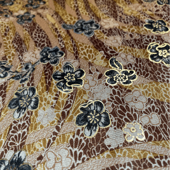 Yellow and Red Floral and Gold Stretch Polyester Velvet