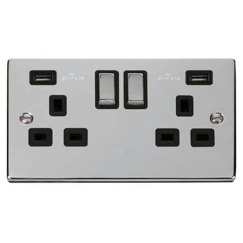 Scolmore Click Deco Polished Chrome Ingot 2 Gang 13A 2x USB-A 4.2A Switched Socket