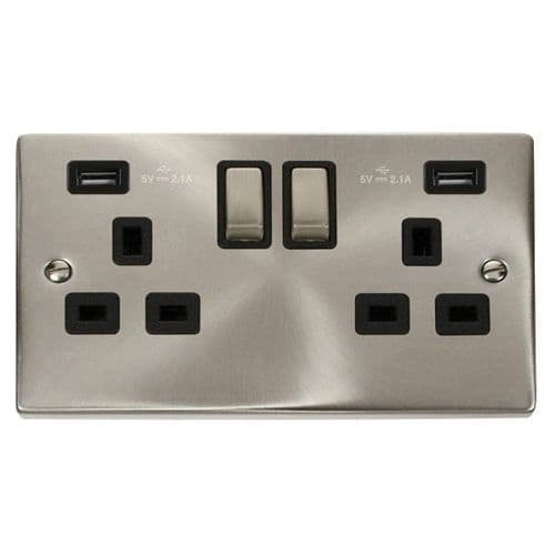 Scolmore Click Deco Satin Chrome Ingot 2 Gang 13A 2x USB-A 4.2A Switched Socket