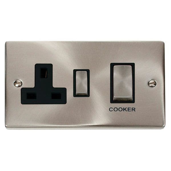 Scolmore Click Deco Satin Chrome Ingot 45A Cooker Switch Unit 13A 2 Pole Switched Socket