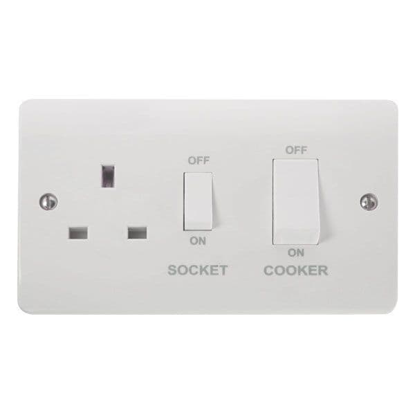 Scolmore Click Polar White Mode 2 Gang 45A 2 Pole Switch 13A 2 Pole White Rockers Switched Socket