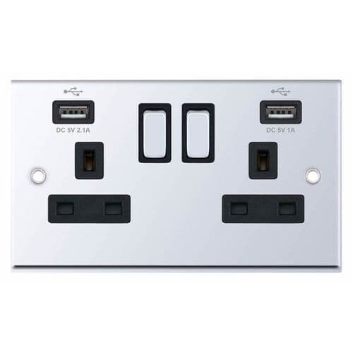 Selectric Polished Chrome 2 Gang 13 Amp Socket with 2 x USB Ports SP – Switched