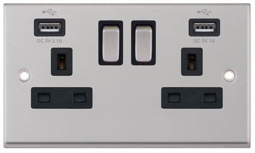 Selectric satin chrome 2 Gang 13 Amp Socket with 2 x USB Ports SP – Switched